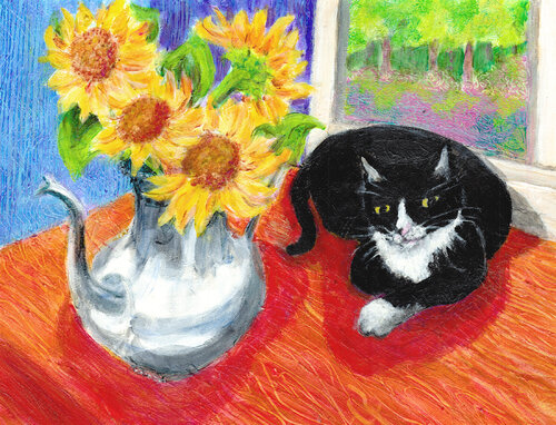 Tuxie with Sunflowers van Heni Sandoval, Schilderij te koop op Singulart