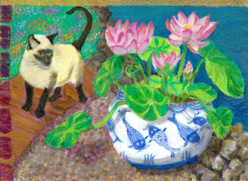 Siamese Cat in the Garden by Heni Sandoval, Painting for Sale on Singulart