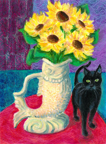 Sunflower Still Life with Black Cat von Heni Sandoval, Malerei kaufen auf Singulart