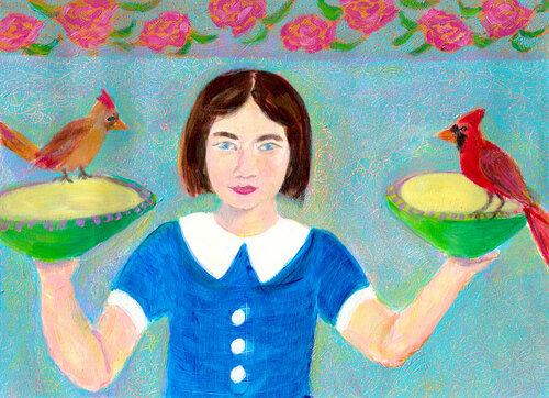 Girl with Two Red Birds de Heni Sandoval, Pintura a la venta en Singulart