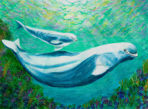 Mom and Baby Beluga Whale di Heni Sandoval, Pittura in vendita su Singulart
