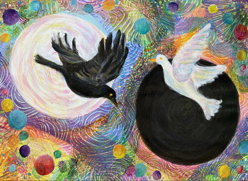 Dove in Black Hole, Crow in White Hole von Heni Sandoval, Malerei kaufen auf Singulart