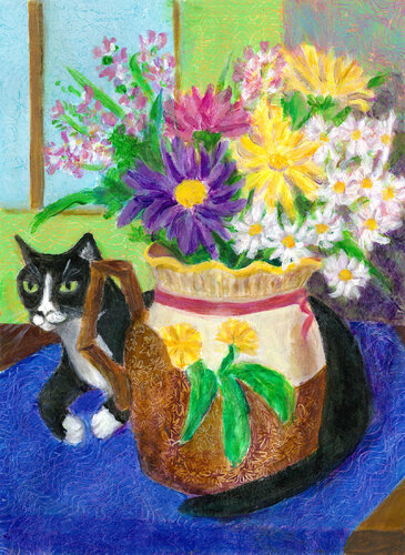 Tuxie with Mom's Majolica Pitcher di Heni Sandoval, Pittura in vendita su Singulart