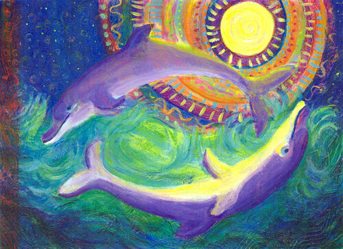 Two Dolphins in the Moonlight di Heni Sandoval, Pittura in vendita su Singulart