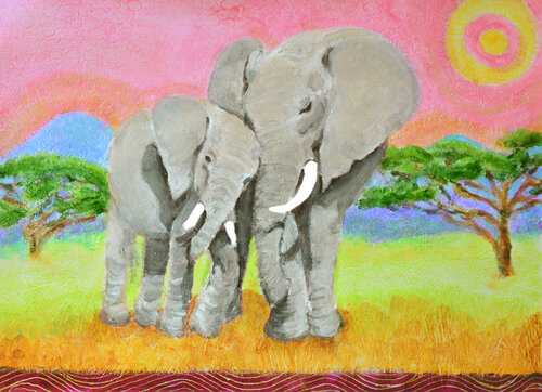 Mom and Baby Elephant von Heni Sandoval, Malerei kaufen auf Singulart