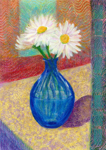 Daisies in a Blue Vase von Heni Sandoval, Malerei kaufen auf Singulart