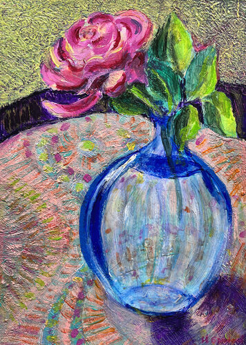 Rose in a Blue Glass Bottle von Heni Sandoval, Malerei kaufen auf Singulart