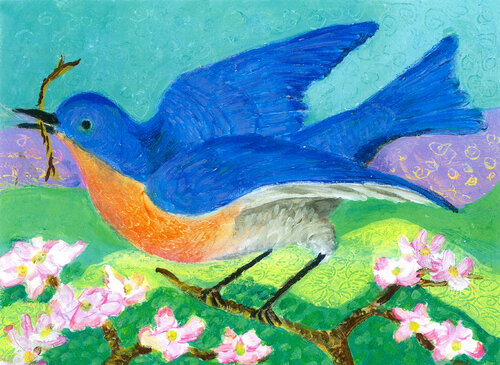 Bluebird in Spring van Heni Sandoval, Schilderij te koop op Singulart
