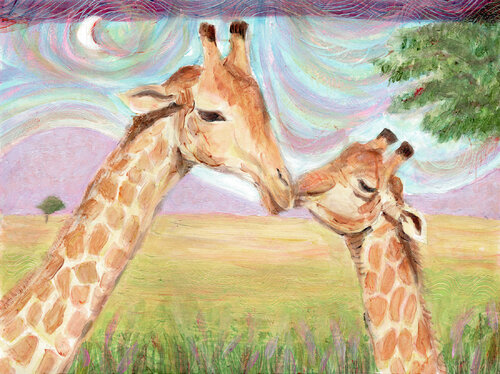 Mom and Baby Giraffes di Heni Sandoval, Pittura in vendita su Singulart