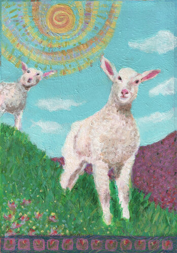 Lambs on the Hillside van Heni Sandoval, Schilderij te koop op Singulart