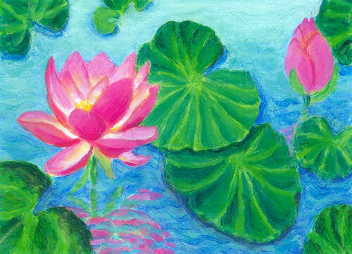 Water Lilies with Pink Lotus by Heni Sandoval, Painting for Sale on Singulart