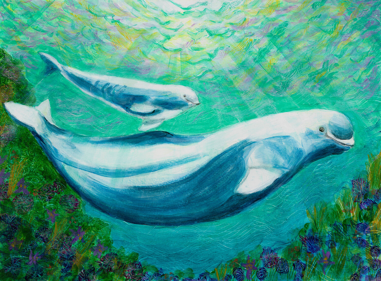 Mom and Baby Beluga Whale Heni Sandoval Originalgemälde zu verkaufen