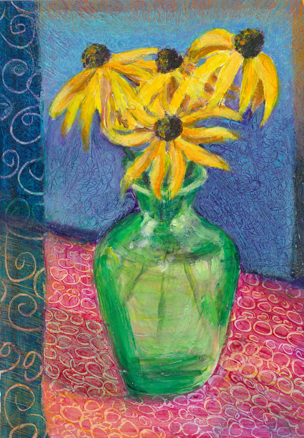Black-eyed Susans in a Green Vase Heni Sandoval Originalgemälde zu verkaufen