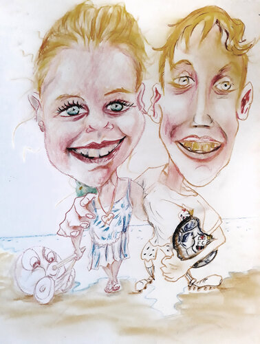 Caricatura de una niña y un niño en la playa par Nicolás Urquiza, Œuvre sur papier en vente sur Singulart