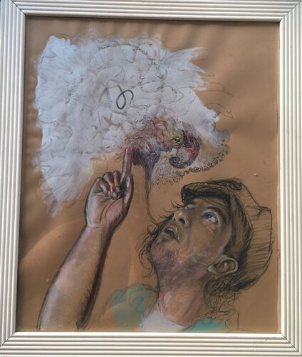 Autorretrato en carbonilla y pasteles secos con una nube de pensamientos semiabstractos par Nicolás Urquiza, Peinture en vente sur Singulart