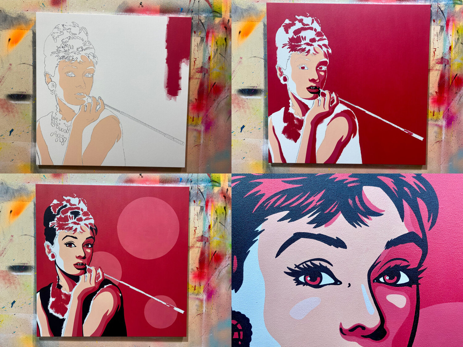Audrey Hepburn on Hot Pink door Jamie Lee (2023) : Schilderij Acryl op  Canvas - Singulart, image size:1500x1125