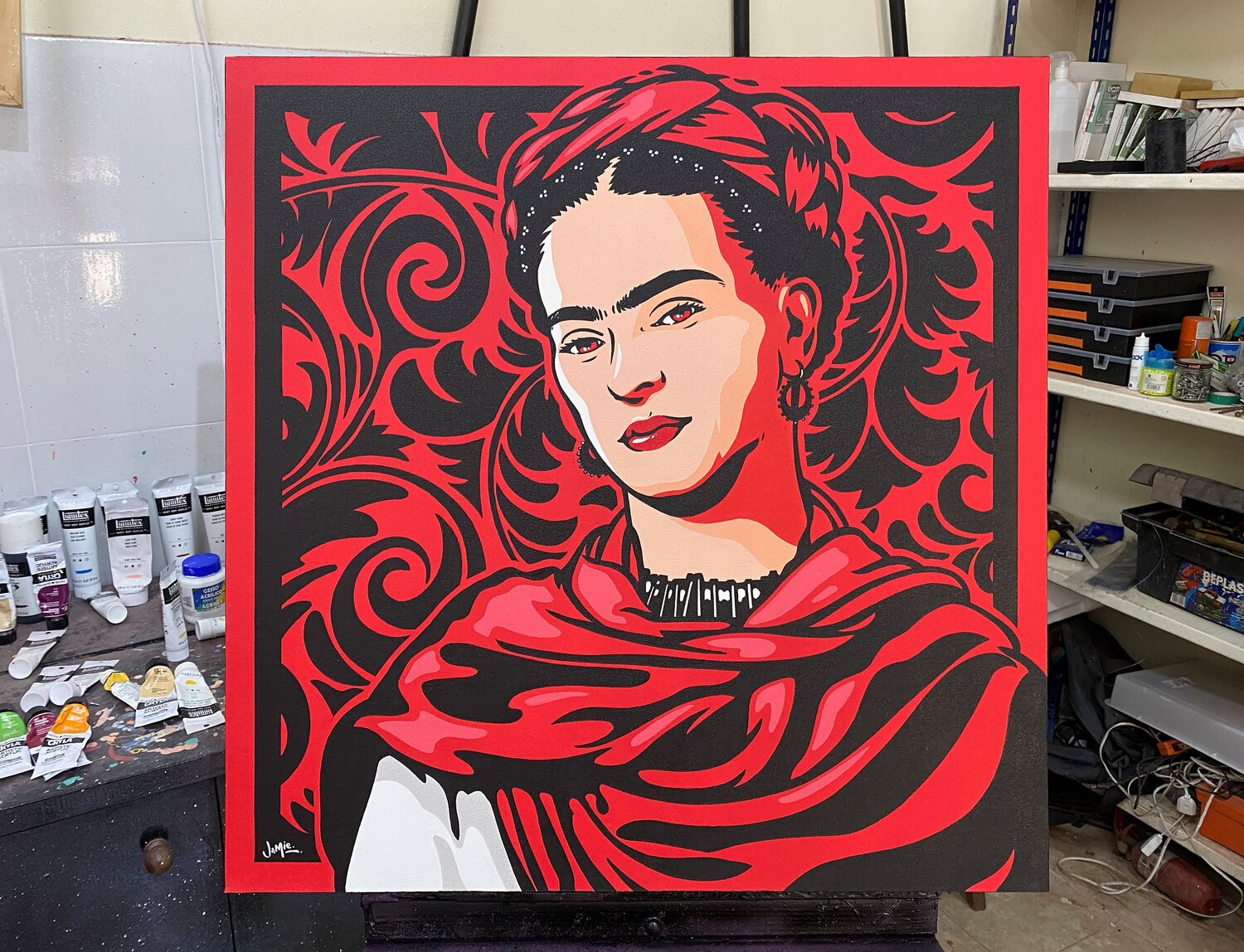 Frida Kahlo Lost In The Flowers door Jamie Lee (2020) : Schilderij Acryl op  Canvas - Singulart, image size:1500x1148