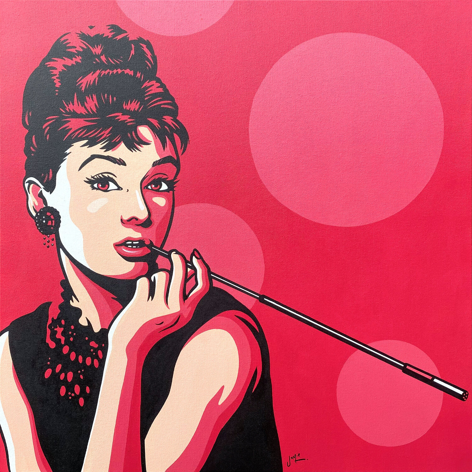 Audrey Hepburn on Hot Pink door Jamie Lee (2023) : Schilderij Acryl op  Canvas - Singulart, image size:1500x1500