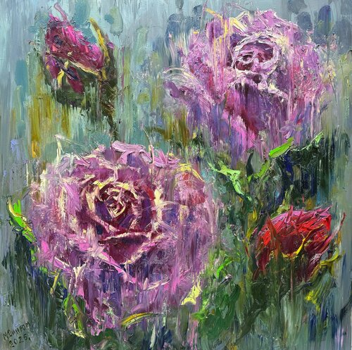 Breath of Roses | Heavy Impasto | Floral oil painting von Dilorom Mamedova, Malerei kaufen auf Singulart