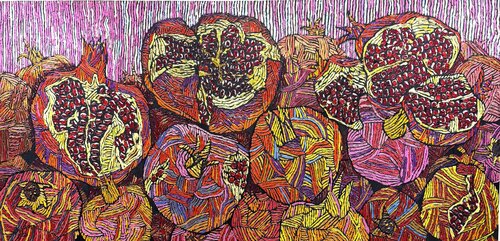 Mandala of Pomegranates | 3D Architectural Impasto | Dilorom Mamedova van Dilorom Mamedova, Schilderij te koop op Singulart
