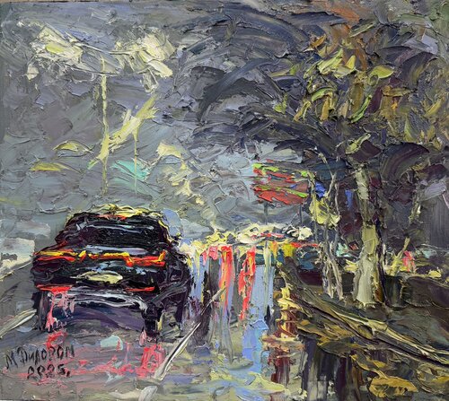 Movement Under the Rain: A Symphony of the Night City by Dilorom Mamedova, 絵画 for Sale on Singulart