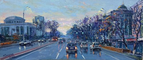 Tashkent, Alisher Navoi Street | Large Panoramic Impressionist Masterpiece by Dilorom Mamedova par Dilorom Mamedova, Peinture en vente sur Singulart
