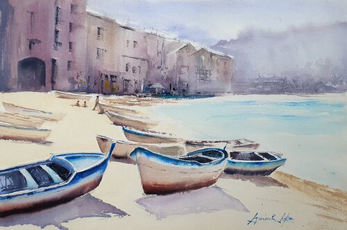 Boat trip to Cefalù von Agnieszka Ryba, Werk auf Papier kaufen auf Singulart