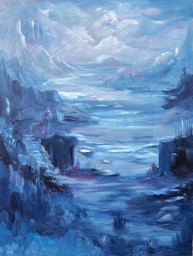 The Idea of a Wild Stallion in Blue Valley. van Anette Thorup Hansen, Schilderij te koop op Singulart