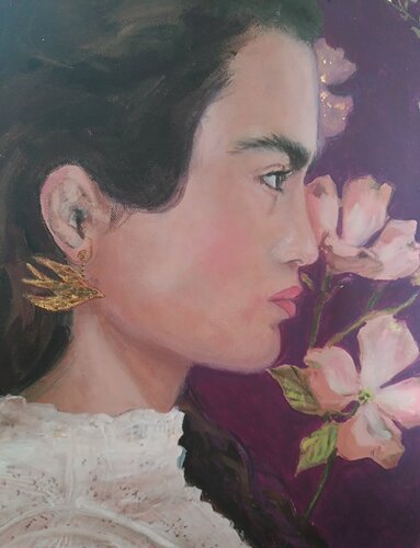 Woman with golden bird di Marina Desportes, Pittura in vendita su Singulart