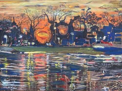 Pillnitzer Fähre im Abendlicht by Cornelia Götze, Painting for Sale on Singulart