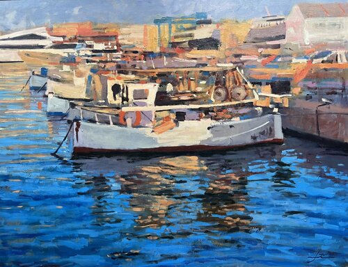 Amanecer en el Puerto Pesquero van Jose Antonio Martin Santos, Schilderij te koop op Singulart