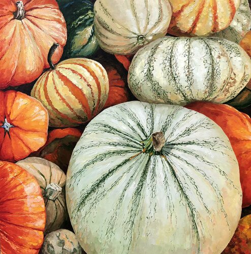 Pumpkin harvest. Scarlet breath of the autumn. Part 2. di Ulyana Korol, Pittura in vendita su Singulart