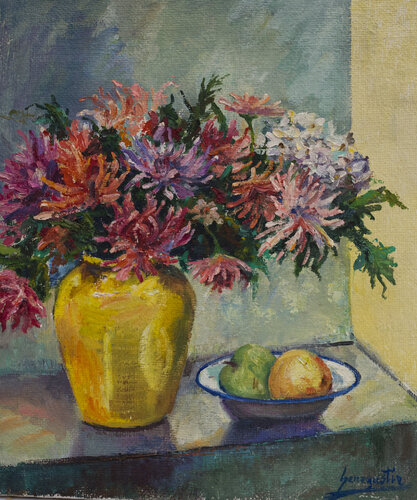 Bodegón de Crisantemos y manzanas by Bernardo Lanuza San Agustín, Painting for Sale on Singulart