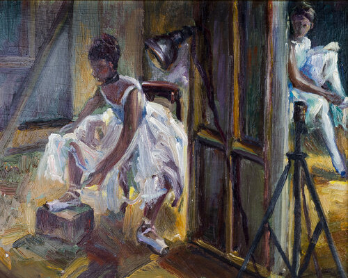 Bailarina con arlequín y mascota de Bernardo Lanuza San Agustín, Pintura a la venta en Singulart