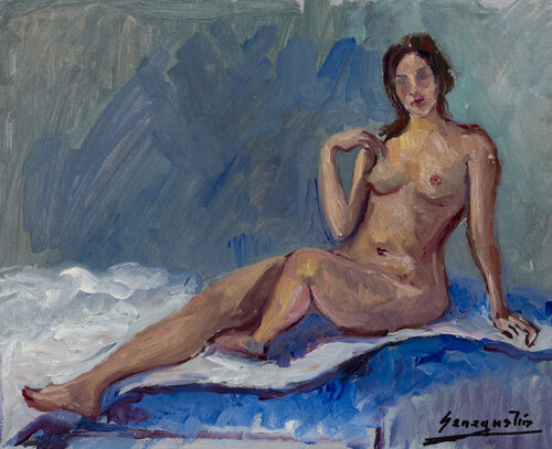 Desnudo sobre fondo azul de Bernardo Lanuza San Agustín, Pintura a la venta en Singulart