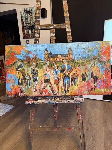 Frühlings menschen in der schönen Stadt Aschaffenburg. Es ist Frühlingsanfang. Das hat mich inspiriert das Gemälde zu malen. von Peter Denk, Malerei kaufen auf Singulart