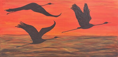 Kraniche im Sonnenuntergang di Britta Kaping, Pittura in vendita su Singulart