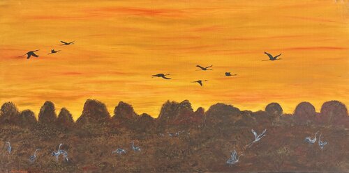 Kraniche in der Dämmerung di Britta Kaping, Pittura in vendita su Singulart