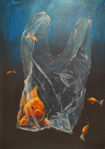 Kleine Plastiktüte im Meer by Ricardo Schwarz, Painting for Sale on Singulart