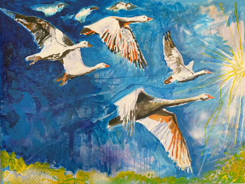 Goosebumps – Acrylic on Canvas (27.03.2026) – In this picture, you can see a flock of geese in flight. by Martin Thomas, 회화 for Sale on Singulart
