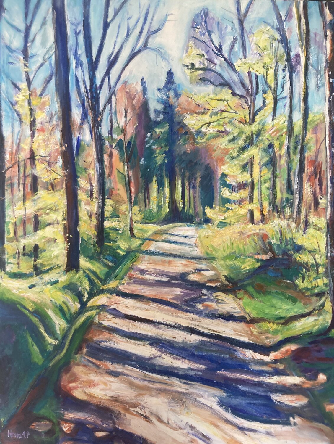 Peaceful Walk in the Forest of Belmont Heiner Handschin Dipinto originale in vendita