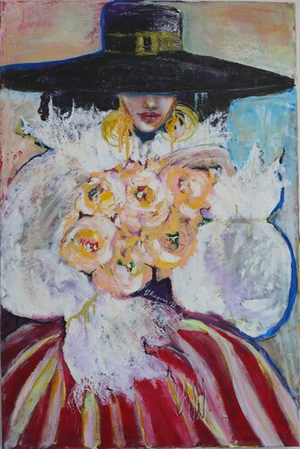Woman with yellow roses by Yana Raynus, Painting for Sale on Singulart