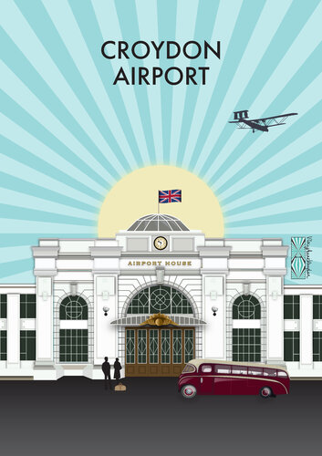 Croydon Airport Airside with Amy Johnson and a Bedford SB Bus by Vicky Vaughan, Digital for Sale on Singulart