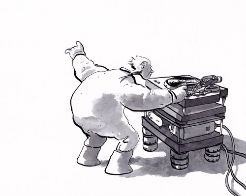 „Nennt´s mich einen alten Narren, aber es klingt einfach besser mit Schutzanzug!“ / „Call me an old fool, but it simply sounds better in a protective suit!“ / the audiophile de Marc Herold, Obra en papel a la venta en Singulart