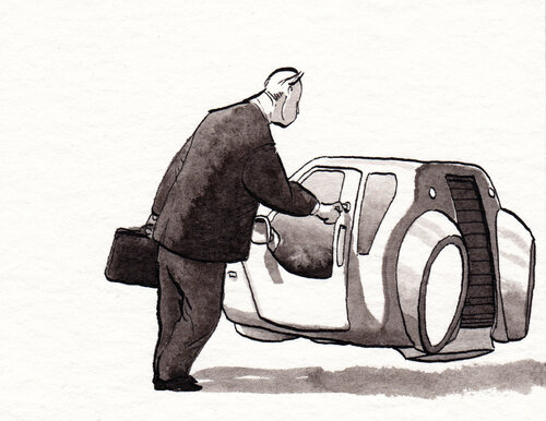 Herr Tukor is driving to work van Marc Herold, Werk op papier te koop op Singulart