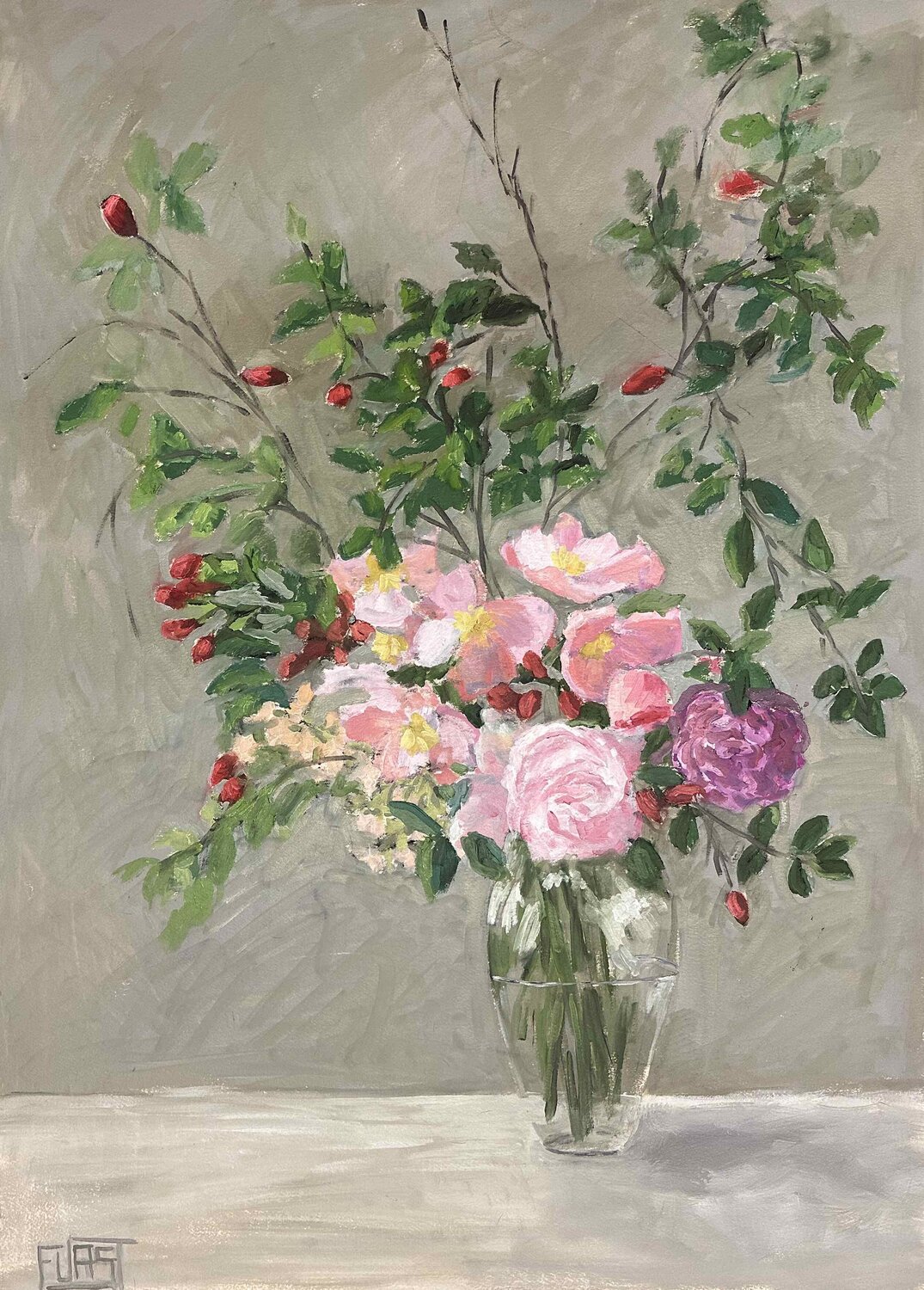 Roses and Red Berries Johanna Furst Werk auf Papier zu verkaufen