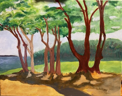 See the Bay, Small Copse of Trees after the Bamboo Removal di Carrie Kahn, Pittura in vendita su Singulart
