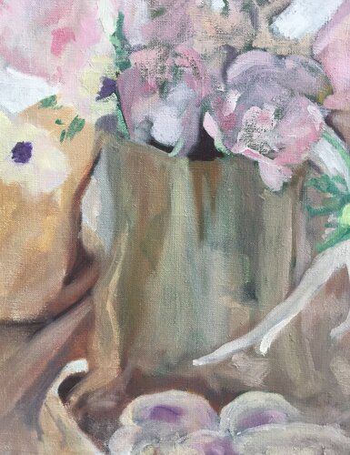 Impermanence: Gentle Flowers in a Paper Bag de Carrie Kahn, Pintura a la venta en Singulart