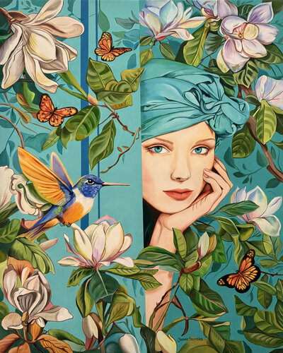 Behind the turquoise curtain de Joanna Szumska, Pintura a la venta en Singulart