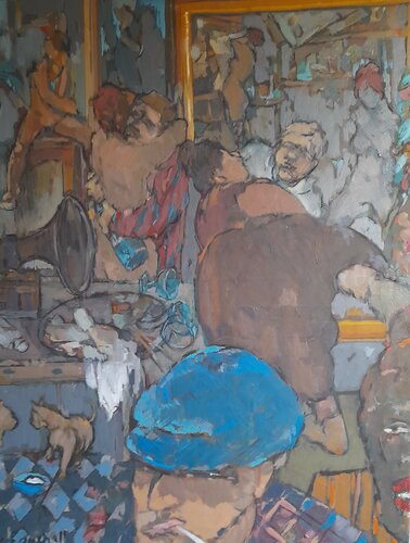 The Usual Friday Night Crowd par Lynn Bushell, Peinture en vente sur Singulart